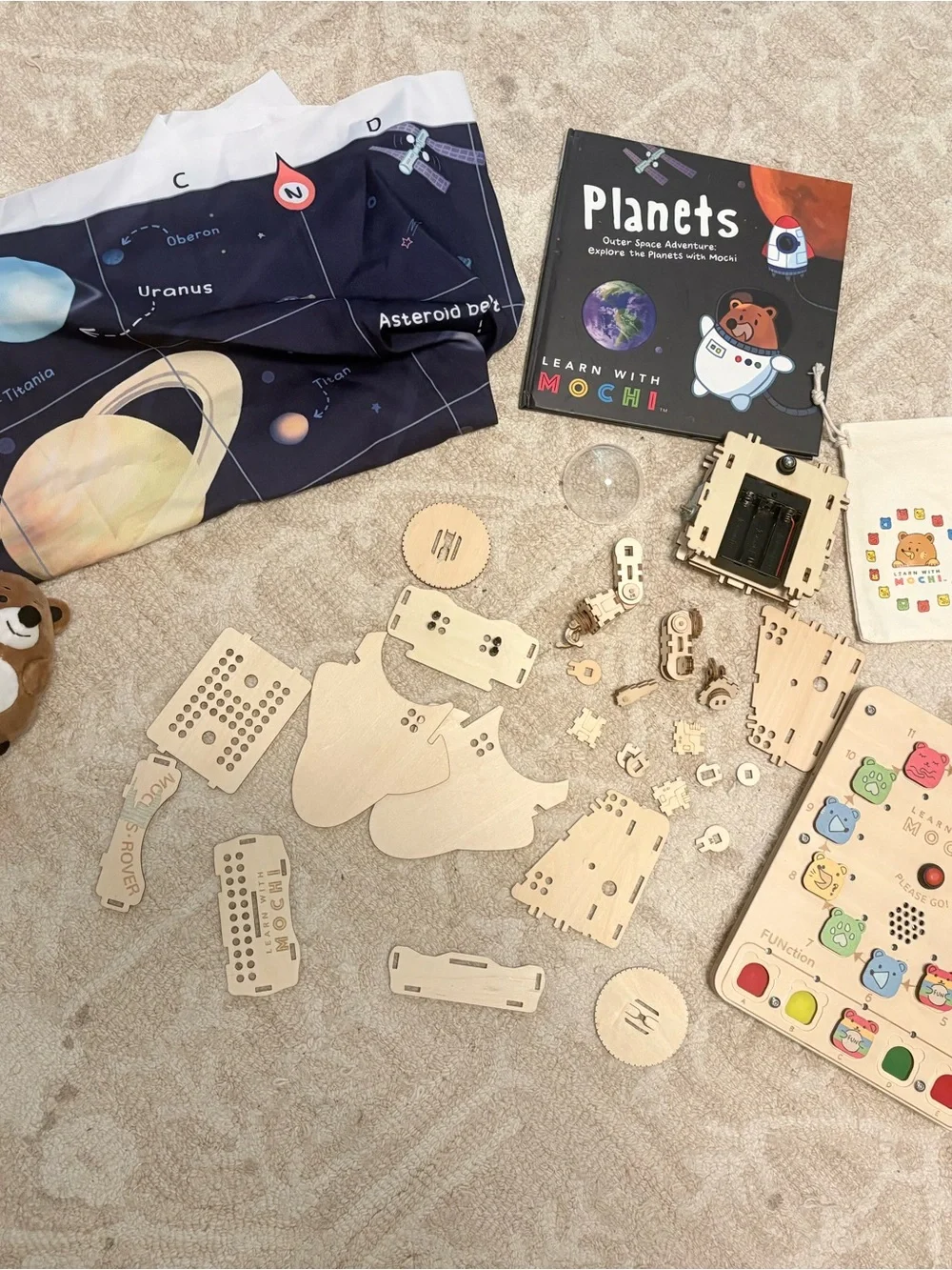 Wooden Kids Activity Rover Toy - Natural Wood with Colorful Buttons